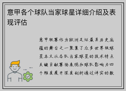 意甲各个球队当家球星详细介绍及表现评估
