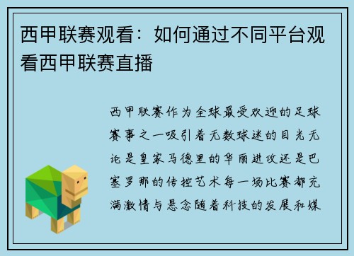西甲联赛观看：如何通过不同平台观看西甲联赛直播